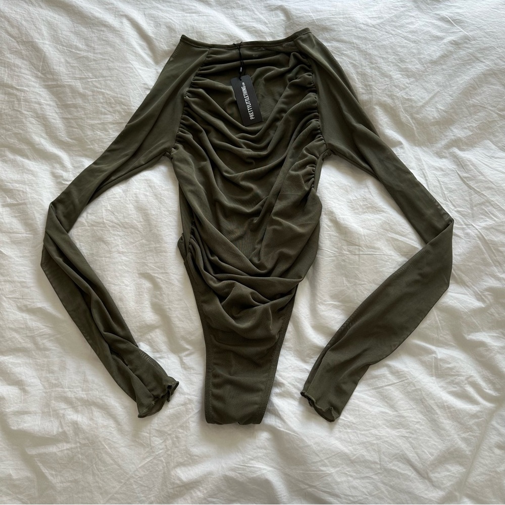 Green long sleeve bodysuit with ruched design